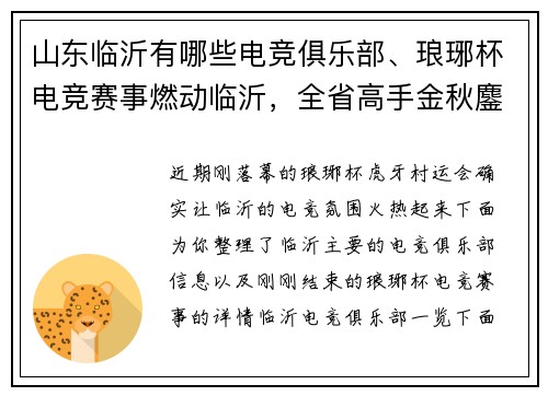 山东临沂有哪些电竞俱乐部、琅琊杯电竞赛事燃动临沂，全省高手金秋鏖战琅琊古城
