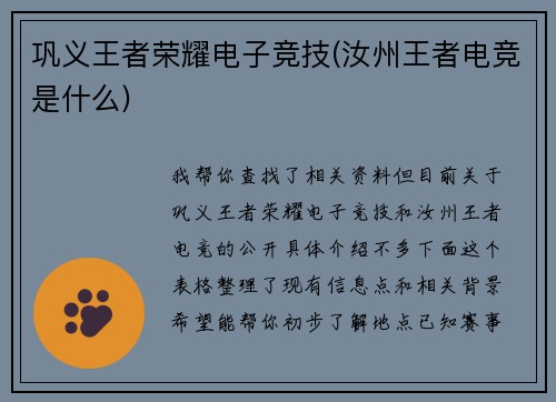 巩义王者荣耀电子竞技(汝州王者电竞是什么)